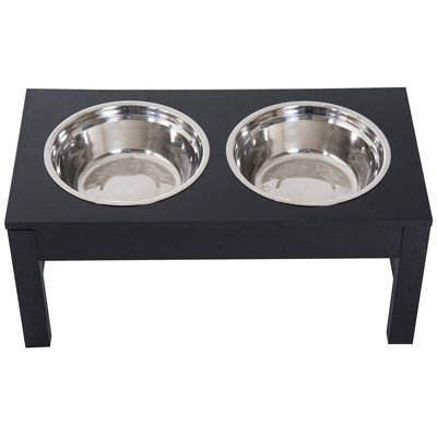 PawHut Modern Decorative Raised Dog Bowls, Wooden Heavy Duty Pet Food and Water Bowl, Elevated Feeding Station, Black