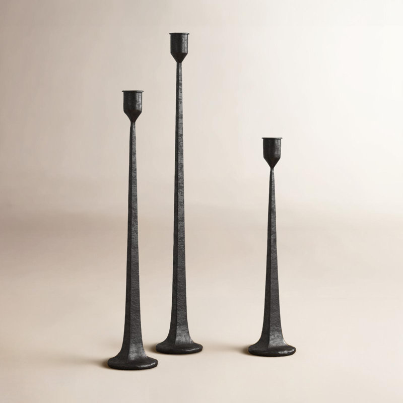  Set of Three Taper Candle Holders, Cast Iron Rustic Farmhouse Table Decor, Black Finish