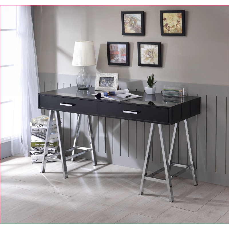 Writing Desk, Modern Black High Gloss with USB Port &amp; 2 Drawers | Metal Base | Composite Wood