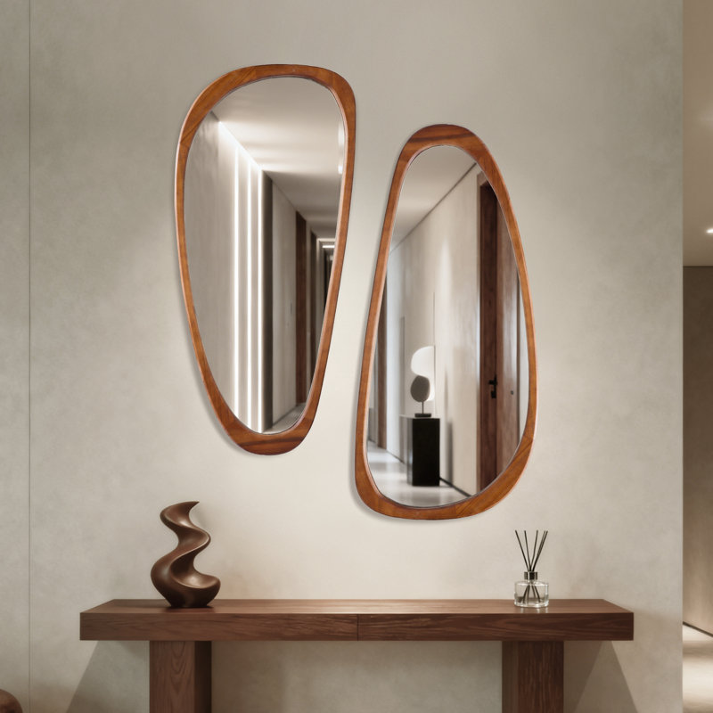 Irregular Natural Wood Frame Wall Mirror, Brown Wood, 48" x 22"
