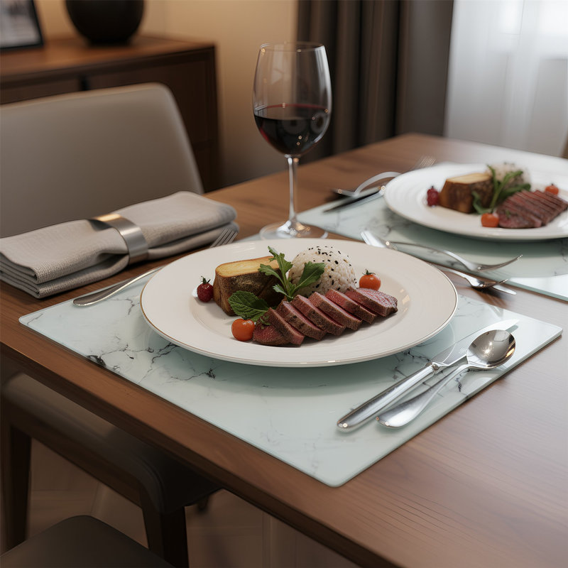 Harbour Housewares - 12pc Rectangle Glass Placemats & Square Coasters Set - 40cm x 30cm - White Marble Effect