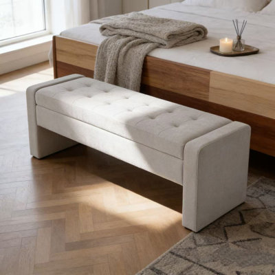 Banc de rangement moderne rembourré avec siège capitonné, charnière à fermeture en douceur et grand intérieur pour la chambre à coucher ou le salon