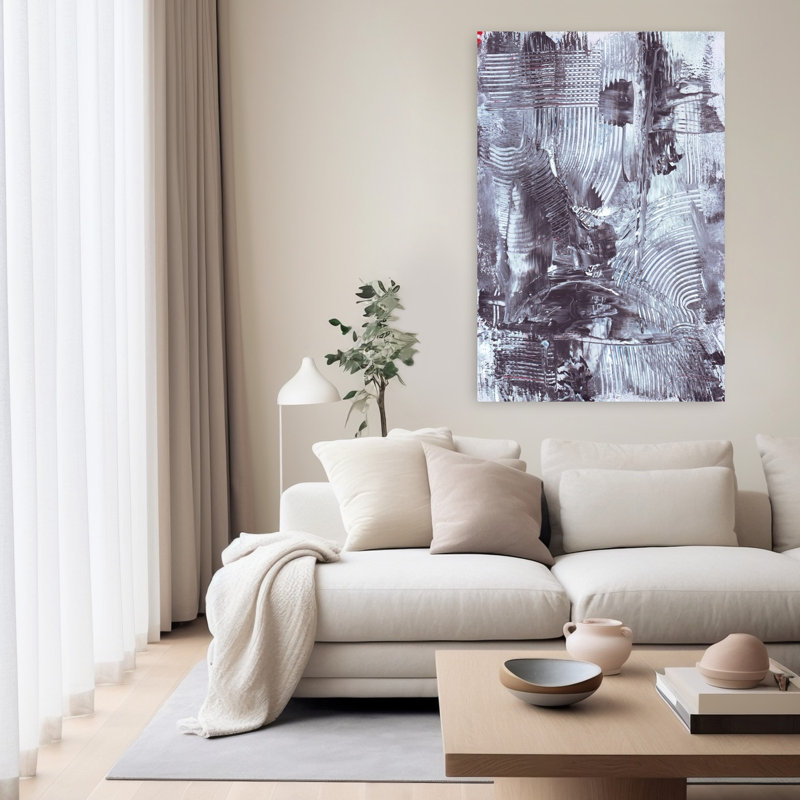Peinture abstraite texturée avec art mural contemporain abstrait argent métallique et acrylique noir, H 60 po x l 40 po