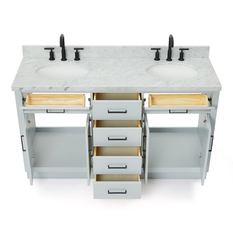 Tidworth Solid Wood Double Bathroom Vanity with 1.5'' Carrara Marble Top, Gray / Matte Black, Oval