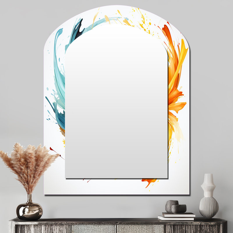 Mariage tourbillonnant d'ambre électrique et de bleu - miroir mural moderne en arche, 43 po x 33 po