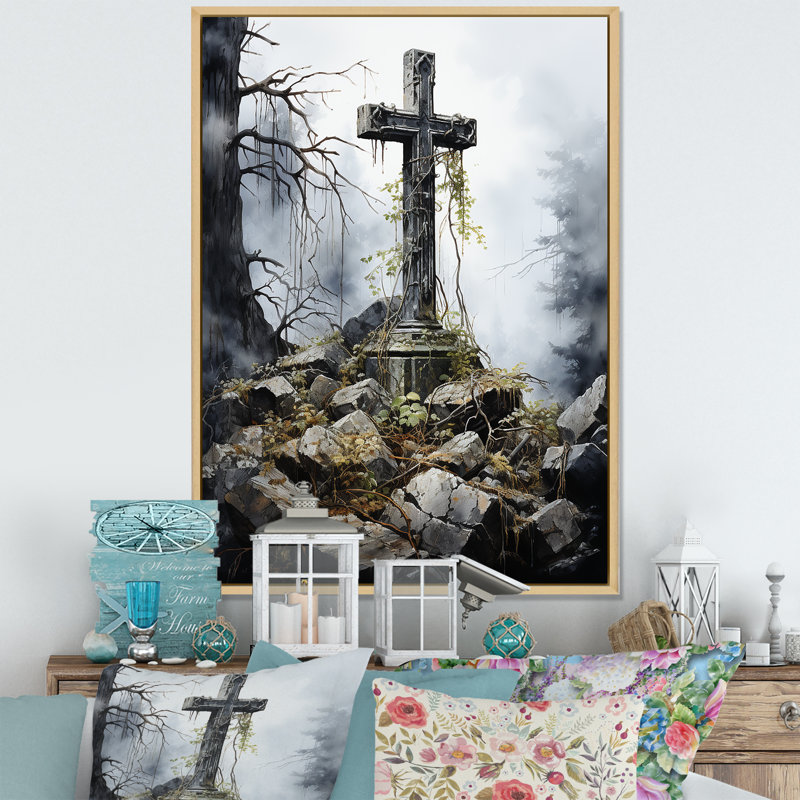 " Religious Cross Sacred Solace I ", 32" H x 24" W x 1" D, Natural Floater Framed