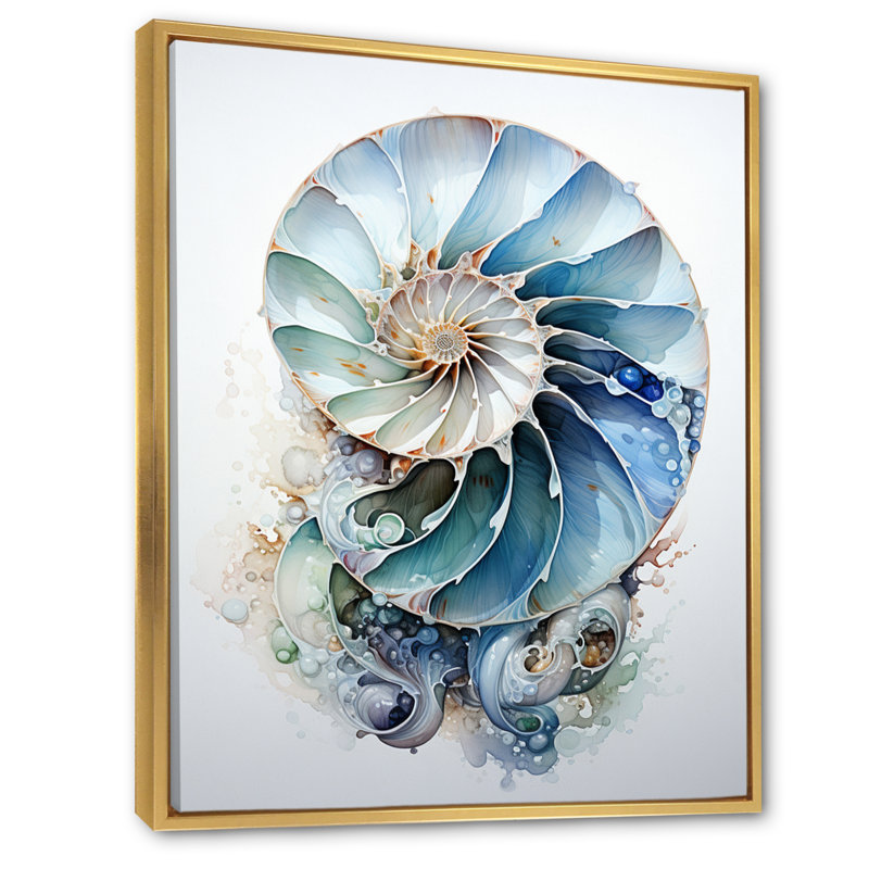Nautilus Ocean Blue Sheels Symetry - Nautilus, art mural, Reproduction avec cadre flottant, H 20 po x l 12 po, Doré