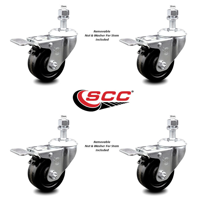 Ensemble de roulettes à tige filetée pivotante de 12 mm avec 2 freins à verrouillage total SCC