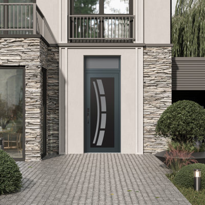 C12 Right-Hand 36 In. X 96 In. Panel Black Steel Anthracite And Anthracite Frosted Glass With Transom Frosted Glass Prehung Front Entry Door