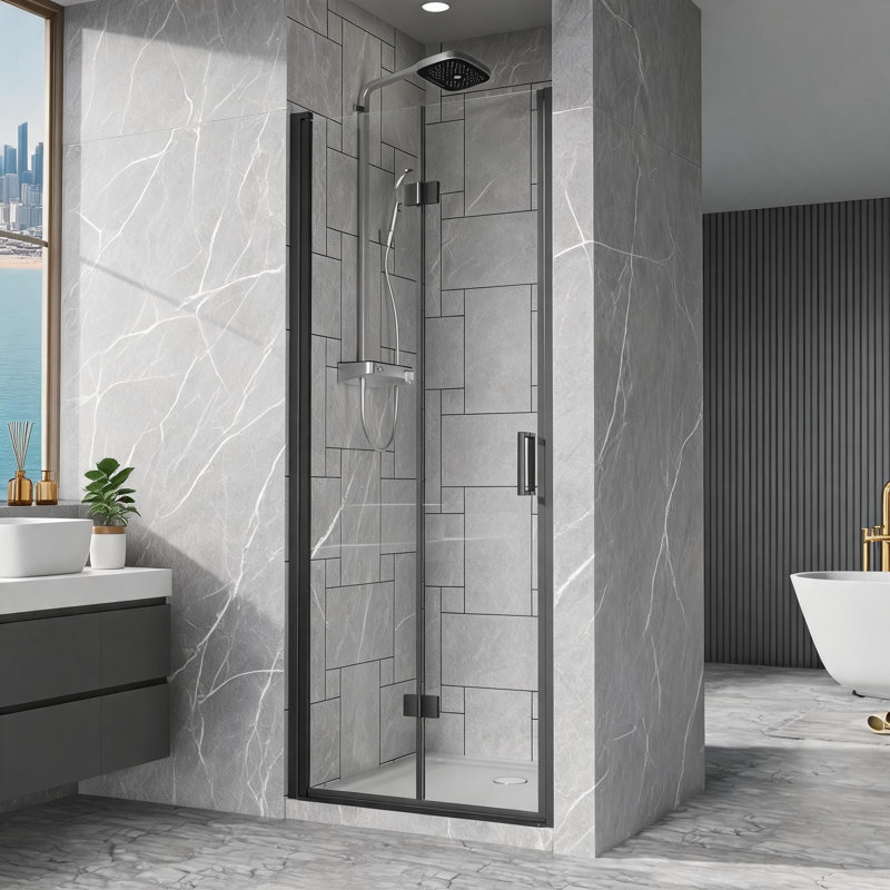 Porte de douche pivotante sans cadre en verre trempé noir de 76 cm x 183 cm avec installation réversible