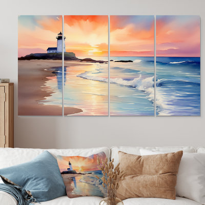 «Orange Sunset Coast Beach Lighthouse Serenity II - Coastal Beach», art mural 4 pièces