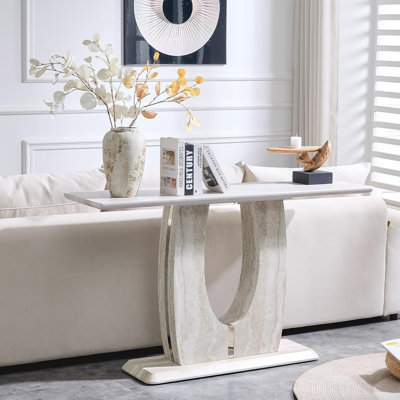 Light Finish Narrow Console Table, 55" Behind Couch Sofa Table with Faux Marble Pattern Top & U-Shaped Base for Entryway Hallway
