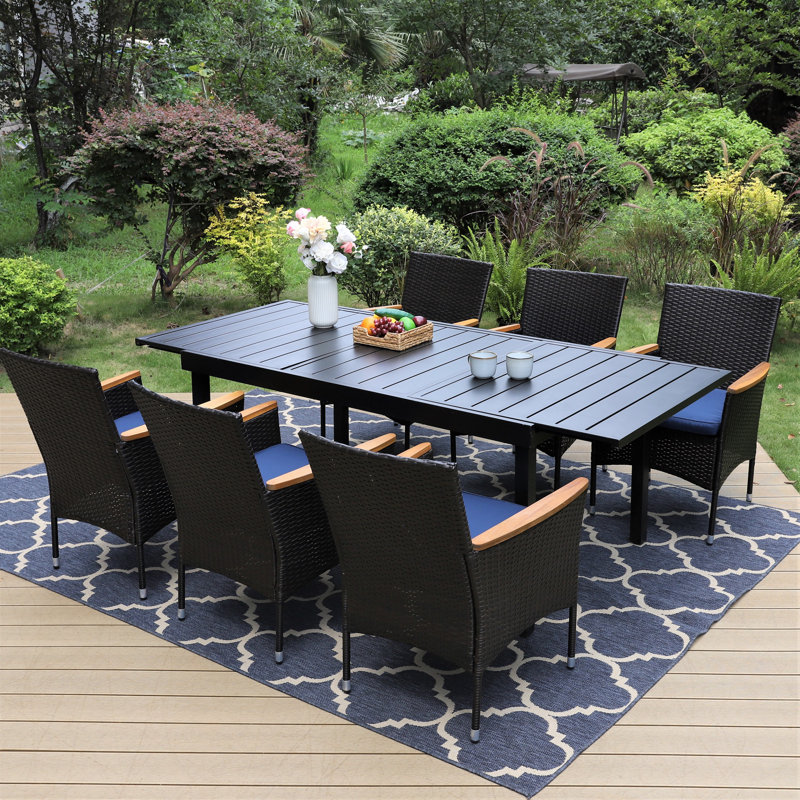 6 - Person Wicker Patio Dining Set with Extendable Rectangular Table , Cushions Included