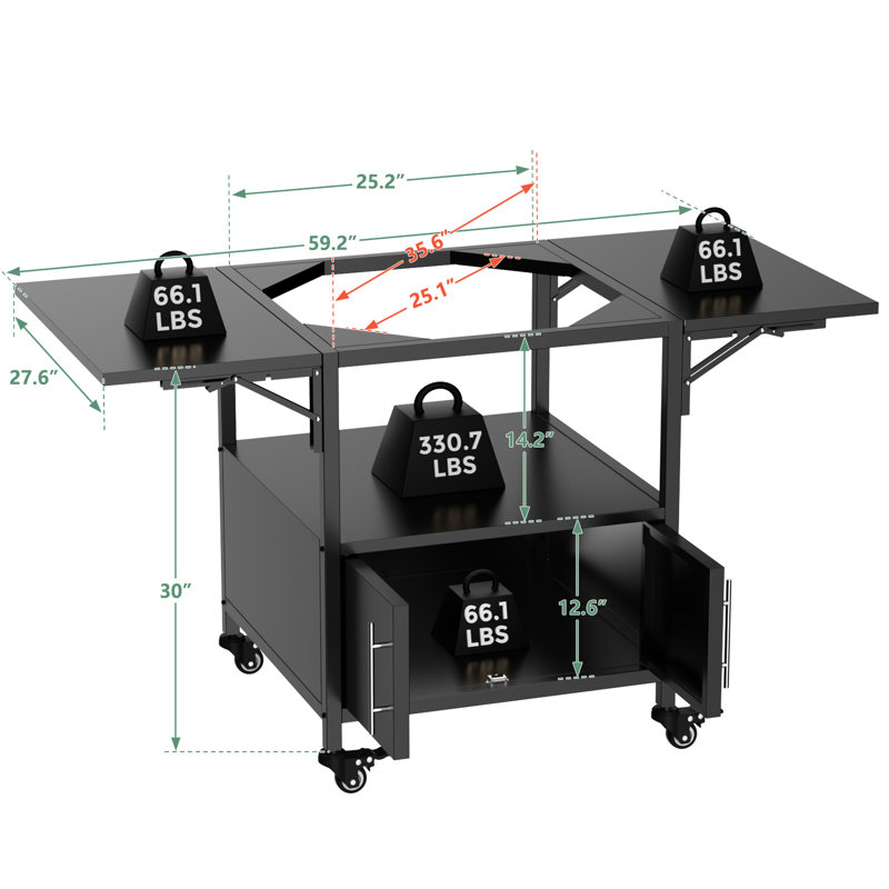 Table de barbecue extérieure en métal pour barbecue de style gros œuf, conception à double panneau pliant, supportant des grils de grande taille et similaires, matériau en fer robuste, outils de rangement spacieux, installation facile, eau mobile,
