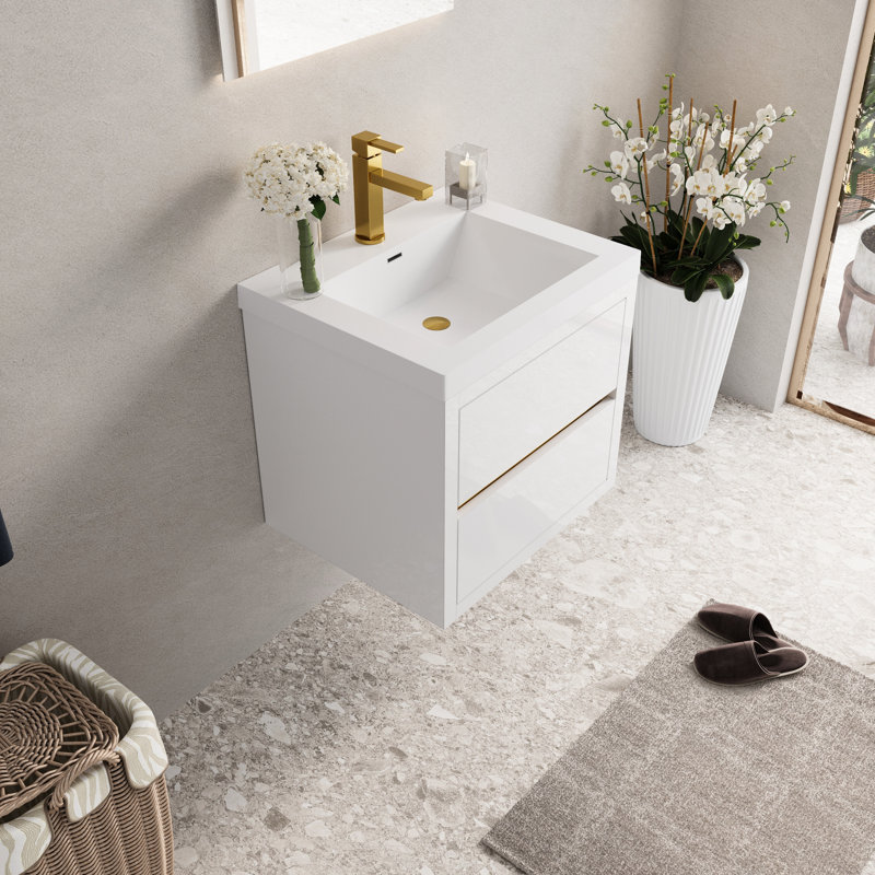Meuble-lavabo de 24 po avec lavabo, blanc brillant. Pré-assemblé pour faciliter l'installation. Rangement en U Utilisation efficace. Tiroirs à fermeture en douceur, fonctionnement silencieux. Comptoir en résine de pierre. - Bois