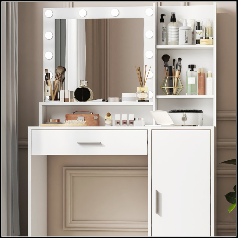 Vanity Desk With Mirror & Light, Large Drawer Three Level Storage Dresser, 3 Lighting Modes Adjustable Brightness, Bedroom Dressing Table