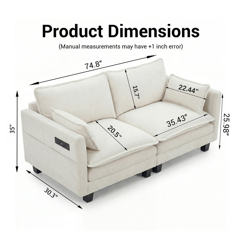 Canapés modernes en chenille beige, canapé compact 2 places avec rangement USB, Beige