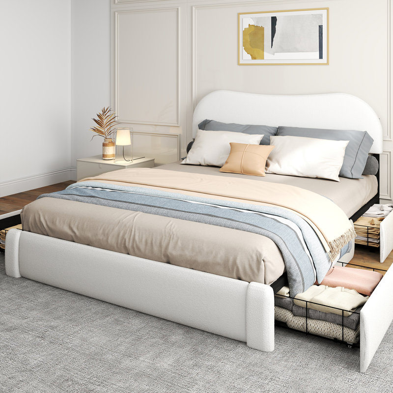 Boucle Upholstered Bed Frame with Headboard, Modern Bed Frame with 4 Underbed Drawers, No Spring Needed, Rounded Corners