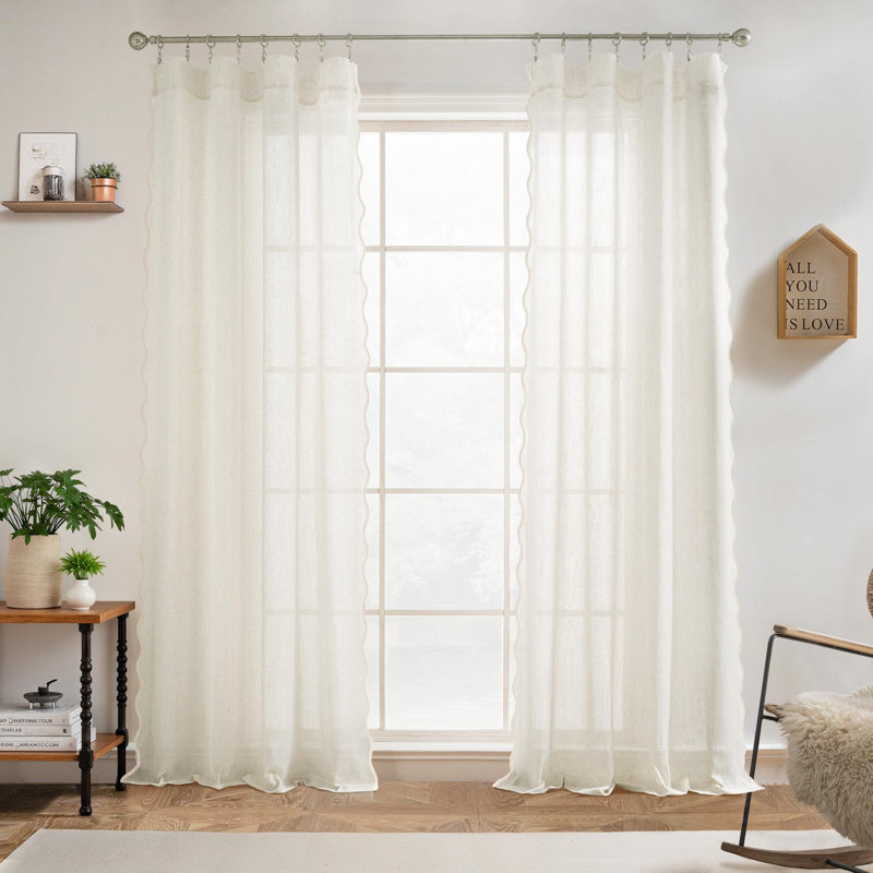 Semi Sheer Scalloped Edge Linen Coastal Beach Window Curtains for Living Room Bedroom 2 Panels Rod Pocket, 52" W x 90" L