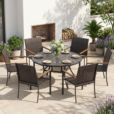 6-Person Round Patio Dining Set With PE Wicker Chairs