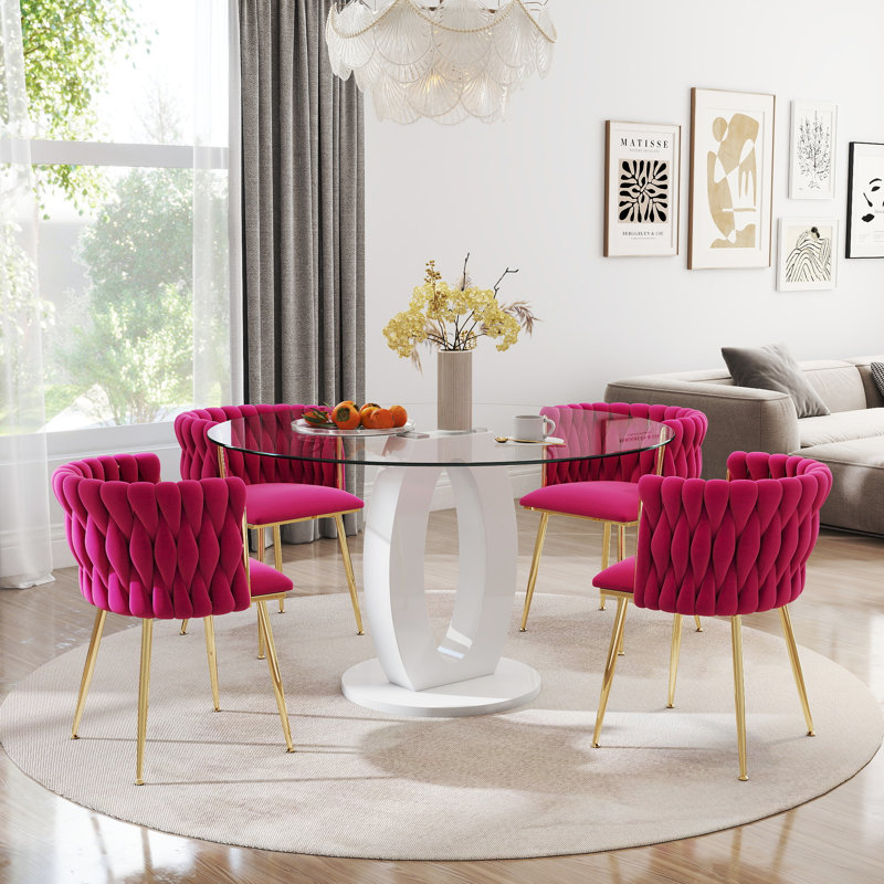 Modern Round Dining Set, Tempered Glass Dining Table with Weavon Velvet Chair for Dining Room and Small Space, Rose Red/Gold
