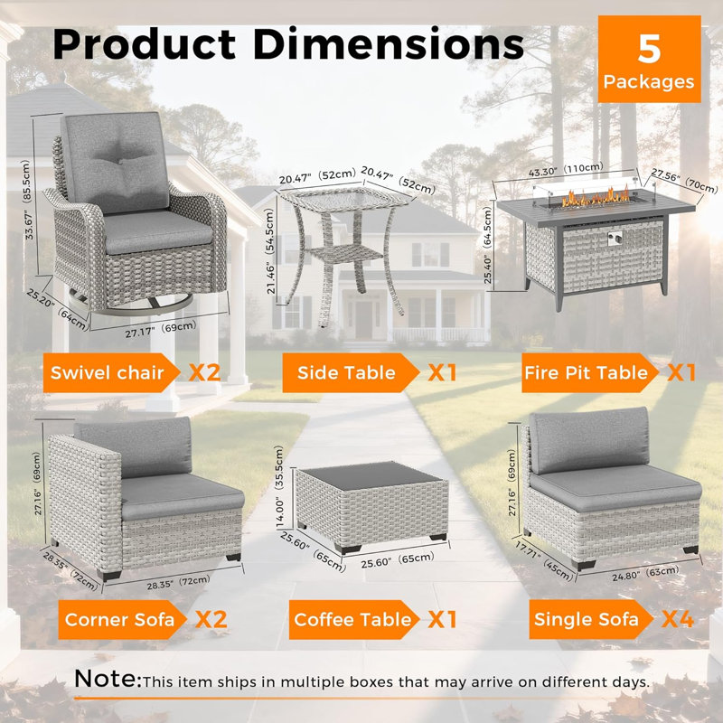 8 - Person Outdoor Rattan Furniture Patio Set with Fire Pit Table, Gray