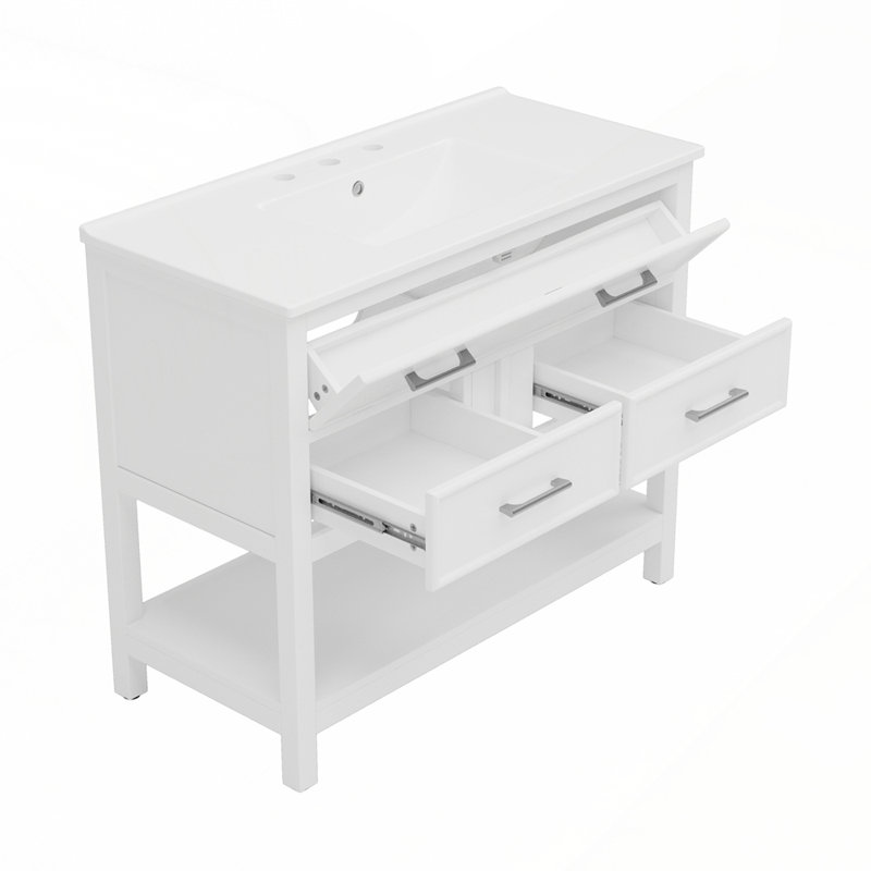 Meuble-lavabo de salle de bain avec lavabo en céramique et rangement à plusieurs niveaux, Blanc