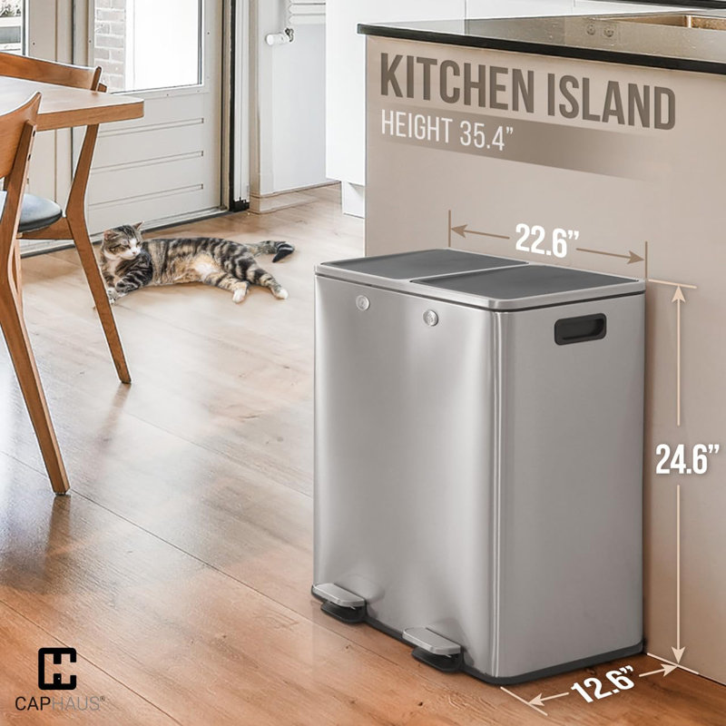 Poubelle double 2 x 8 gallons avec double couvercle CAPHAUS, 2 compartiments, noir / argent, 16 gallons, Argent argent