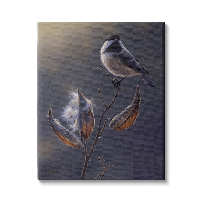 Au-908-Toile, oiseau perché, graines de graines florales sur toile par Daniel Smith, peinture, H 20 po x l 16 po x P 1,5 po