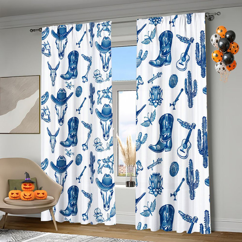 2 pièces de rideaux à motifs bleus de style occidental, rideaux de fenêtre à passe-tringle, décoration de maison de campagne rétro pour le salon, la cuisine de chambre à coucher, traitement décoratif et de protection de la vie privée