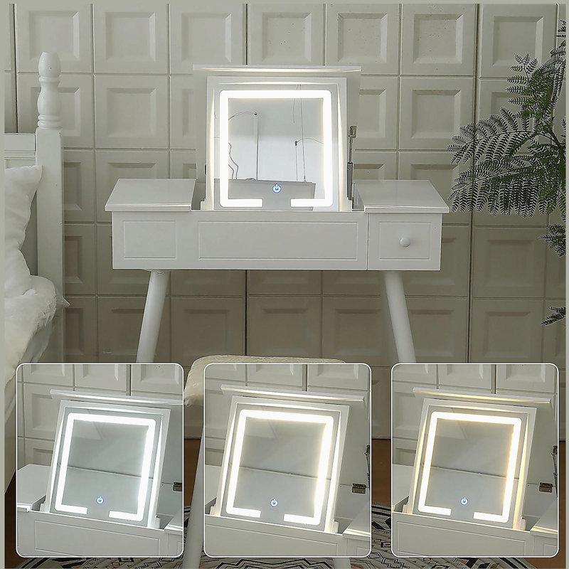 Vanity Desk Set with LED Lighted Mirror & Power Outlet,Flip Top Makeup Vanity Table with Drawers & Cabinet,for Bedroom,Bathroom