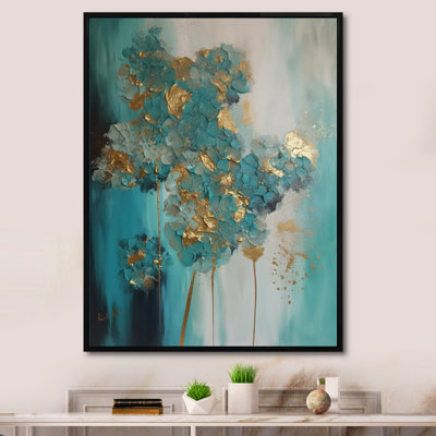 Hortensia fleur floraison rétro or bleu sarcelle - art mural hortensia