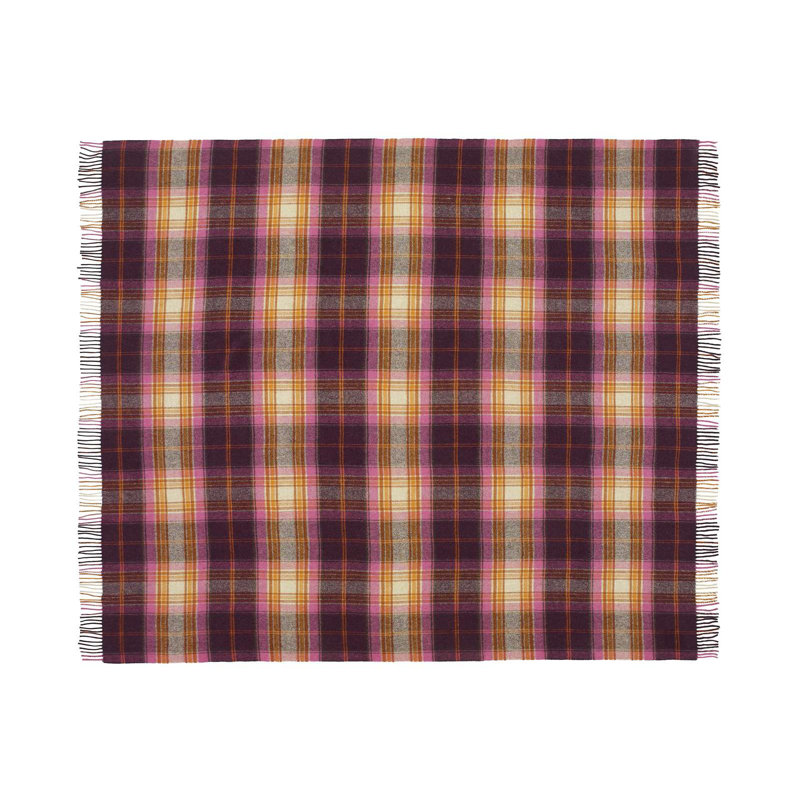 Jeté tissé en laine d'agneau Merino, Rouge / beige / rose / damier orange