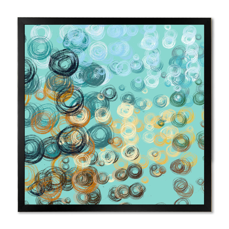 «Turquoise and Blue Grunge Circle Art», reproduction d'art sur toile encadrée, Cadre noir, H 16 po x l 16 po x P 1 po