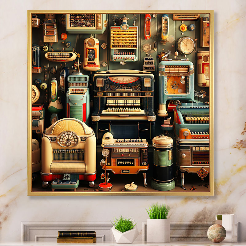 Nostalgic Jukebox Tunes 5 - Jukeboxes, art mural, Cadre flottant doré, H 36 po x l 36 po x P 1,5 po