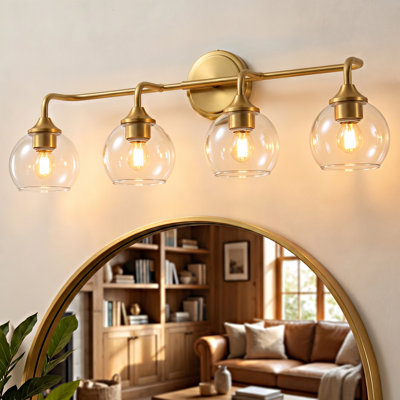 4‑Light Bathroom Vanity Light, Gold Wall Sconce with Clear Globe Glass Shade, Modern Farmhouse Wall Mount Vanity Lighting for Bathroom Mirror, Dressing Table