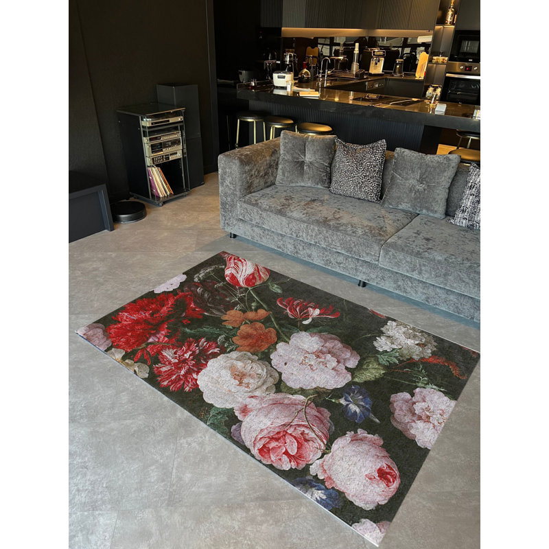 Tapis décoratif tissé à motif de pivoines et de fleurs, Rectangle 3 pi 9,81 po x 4 pi 11,06 po