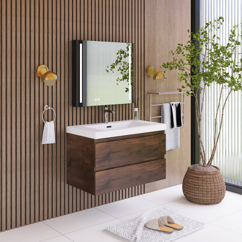 Meuble-lavabo mural simple 36 po avec plateau en résine Monja, Palissandre