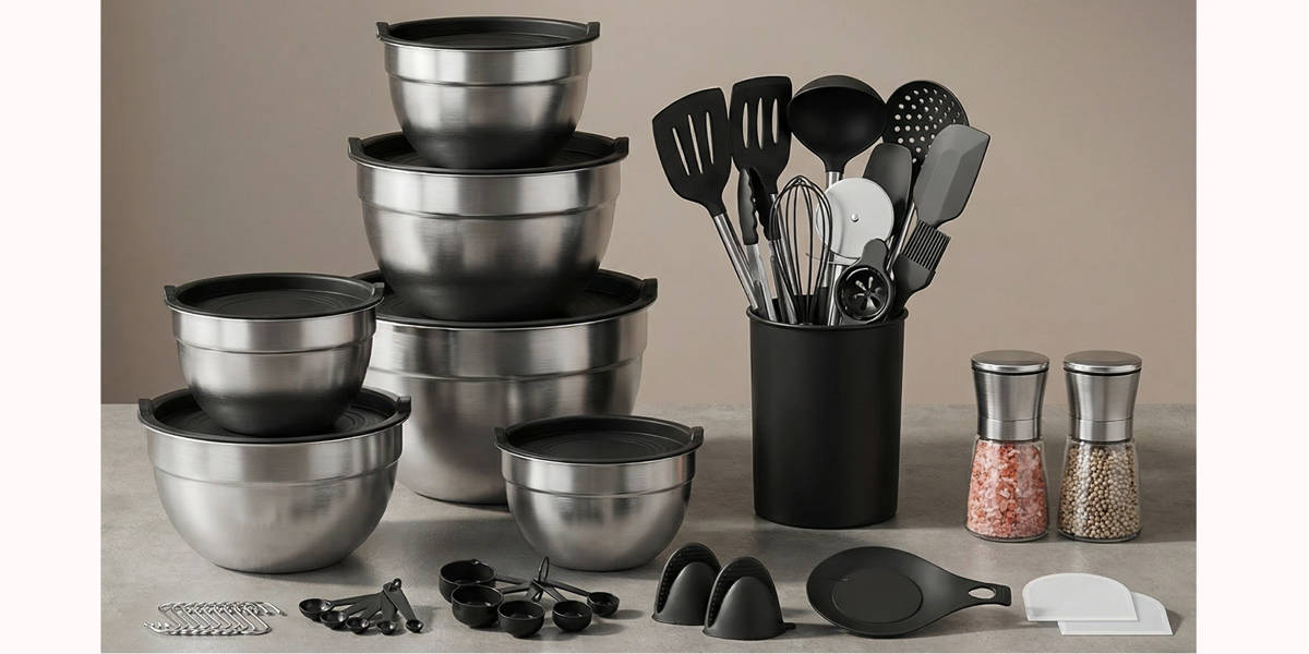 52-Piece Stainless Steel Cooking Utensil Set with 7-Piece Mixing Bowls with Lids Set & Salt and Pepper Grinder Set