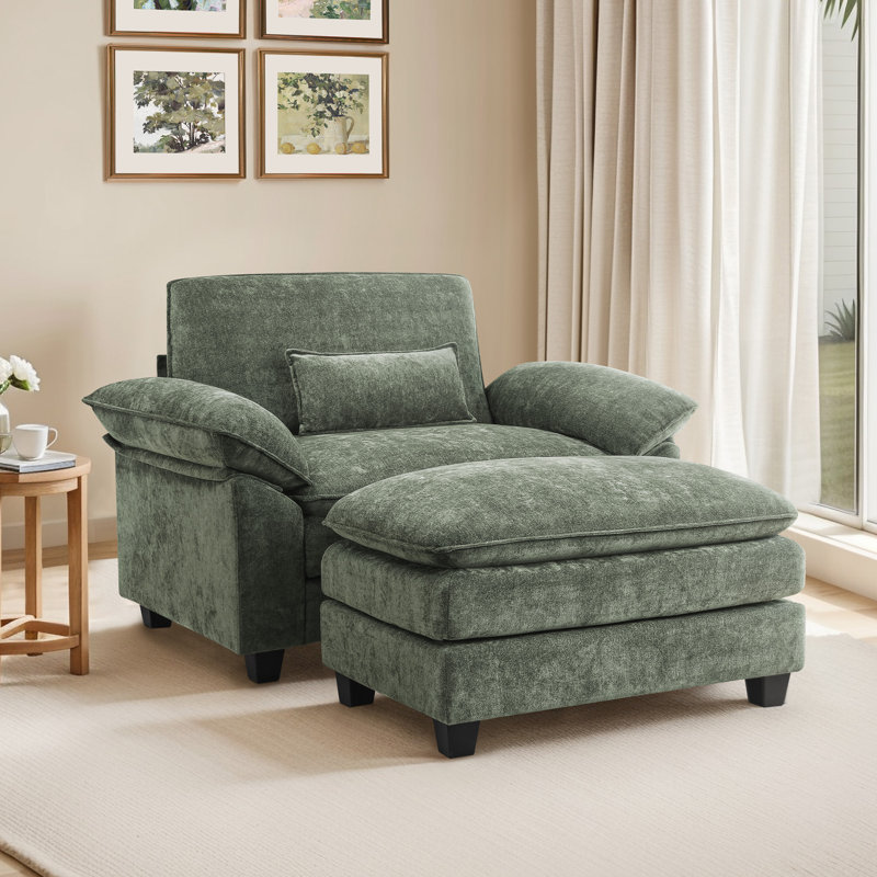 Fauteuil d'appoint rembourré très large avec repose-pieds rectangulaire, Vert grisâtre
