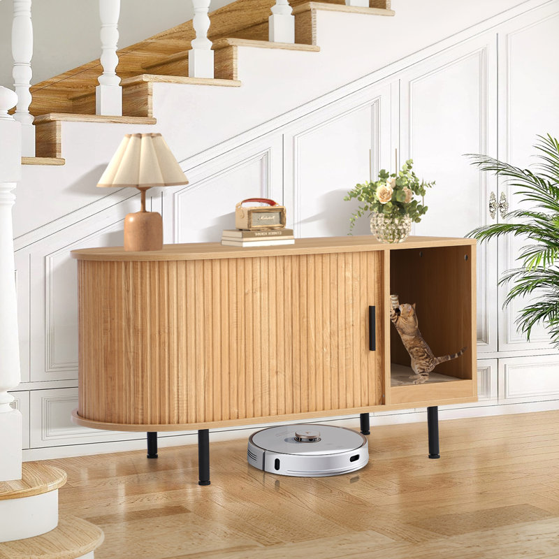 Enceinte pour litière pour chat, meuble pour litière pour chat 37,4 po avec griffoir pour chat et boule pour chat, armoire à litière cachée avec porte coulissante, chatière d'intérieur, meuble télé, table de bout latérale