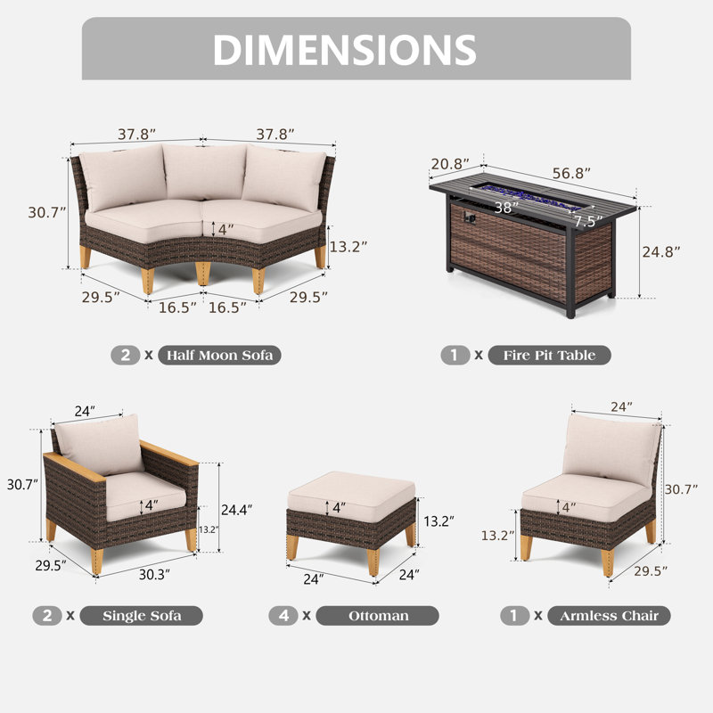 Argyri Wicker Outdoor Patio Conversation Furniture Sectional Set with Fire Pit Table, Beige, Yes