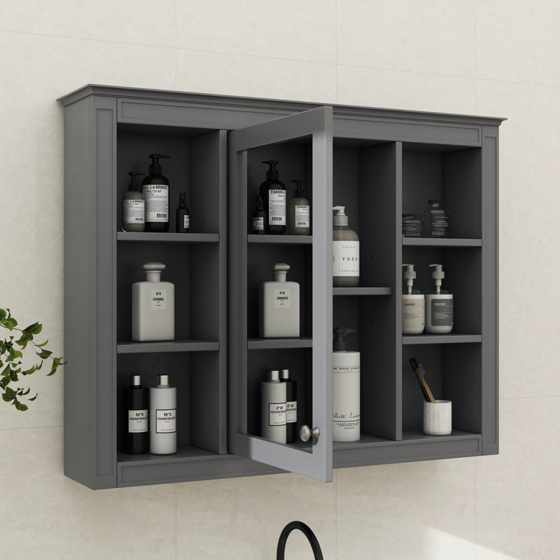 Pharmacie 35 po x 27,5 po, rangement mural pour salle de bain avec miroir, unité contemporaine avec 6 tablettes ouvertes, armoire murale fonctionnelle