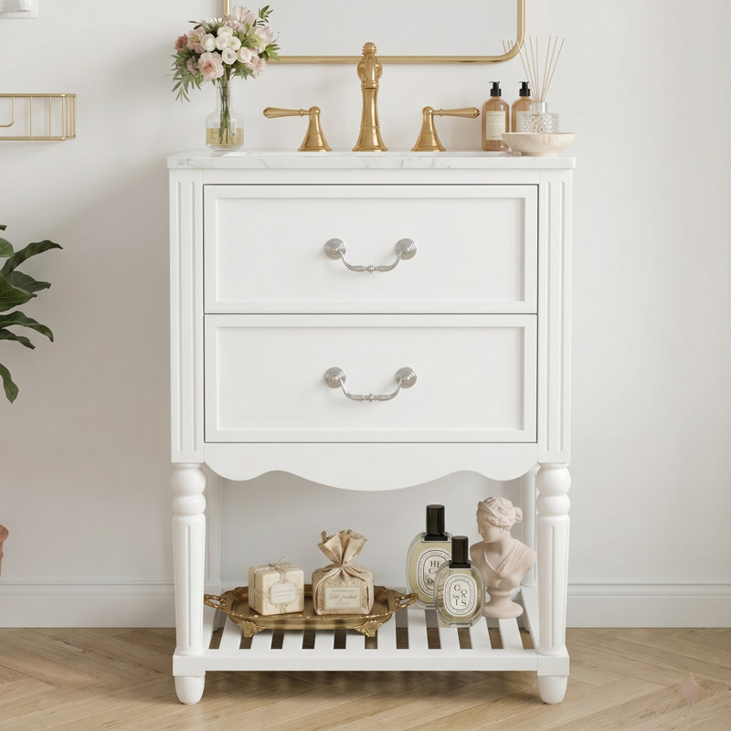 Meuble-lavabo 24 po avec lavabo en céramique, deux tiroirs à fermeture douce, tablette ouverte et pieds tournés French Country