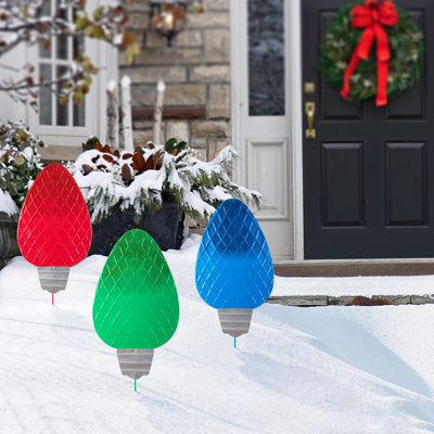 23.5"H S/3 Christmas Metal Red/Green/Blue Bulbs Yard Stake (KD)