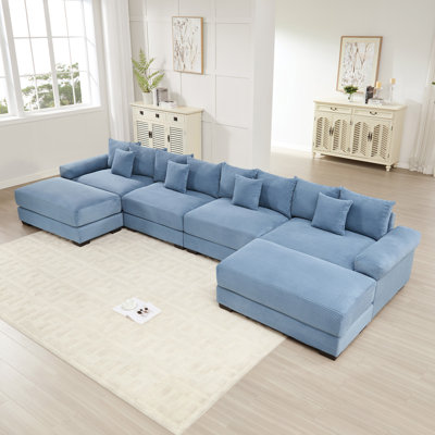 170"Oversized Cloud Modular U-Shape Sectional Couch,Premium Corduroy Fabric With An Ottoman,Deep Seat Wide Armrests,8 Throw Pillows Good Resilience Cushion,Easy Assembly, For Living Rooms Studies,Blue