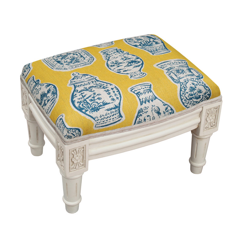 Camary Upholstered Ottoman, White, Blue/Yellow Toile Linen Blend