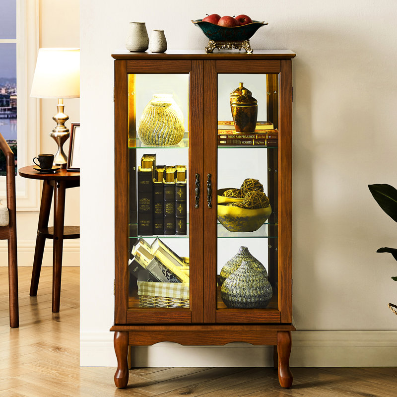 Floor Mounted Curio Cabinet In Oak With Mirrored Back And Versatile Storage Oak, Tempered Glass, Oak