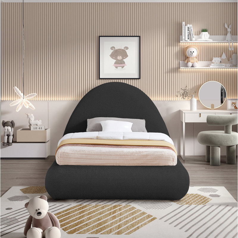 Lit tapissier Rudy, Tissu en teddy imitation Shearling noir, Simple