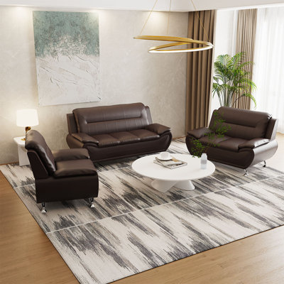 Modern Faux Leather 3-piece Living Room Sofa Set With Solid Wood Frame & Metal Legs, Couch Set Includes Sofa, Loveseat And Chair For Apartment & Home-brown